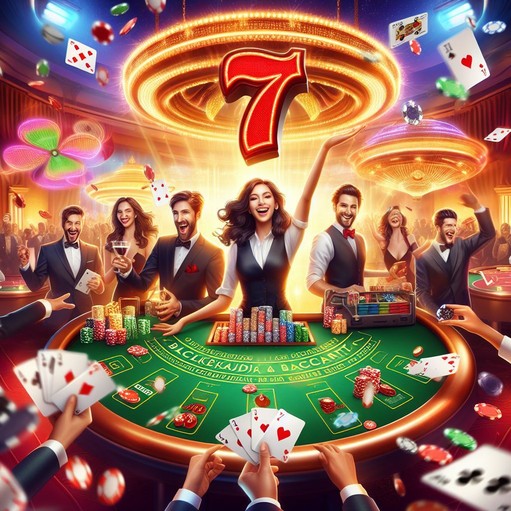 An image showcasing the excitement of Lucky 7's: A Blackjack and Baccarat Bonanza, featuring vibrant casino tables, playing cards, and enthusiastic players.