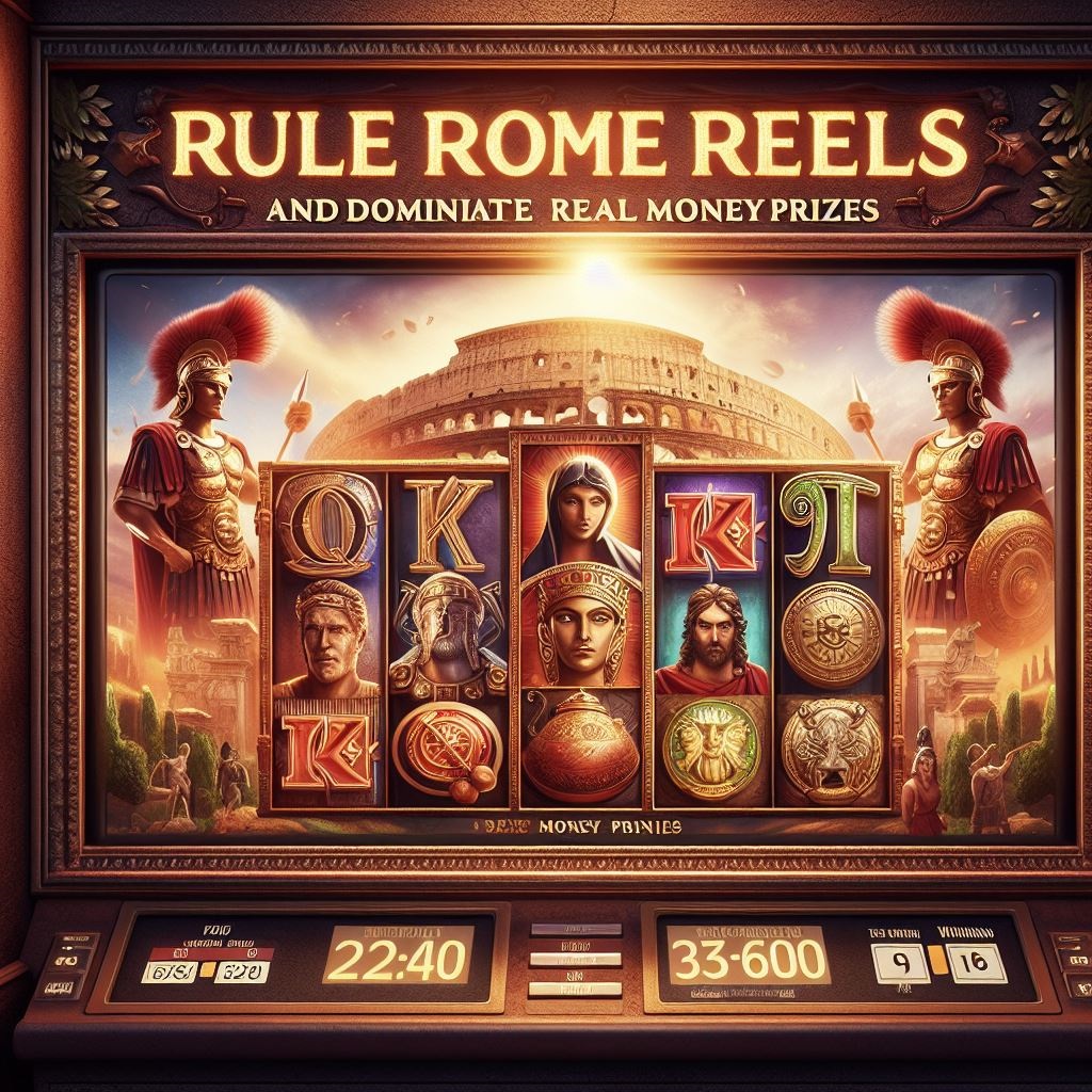 An epic depiction of Rule the Reels ancient Rome, showcasing iconic landmarks and symbols of power, overlaid with the Rome Slot logo